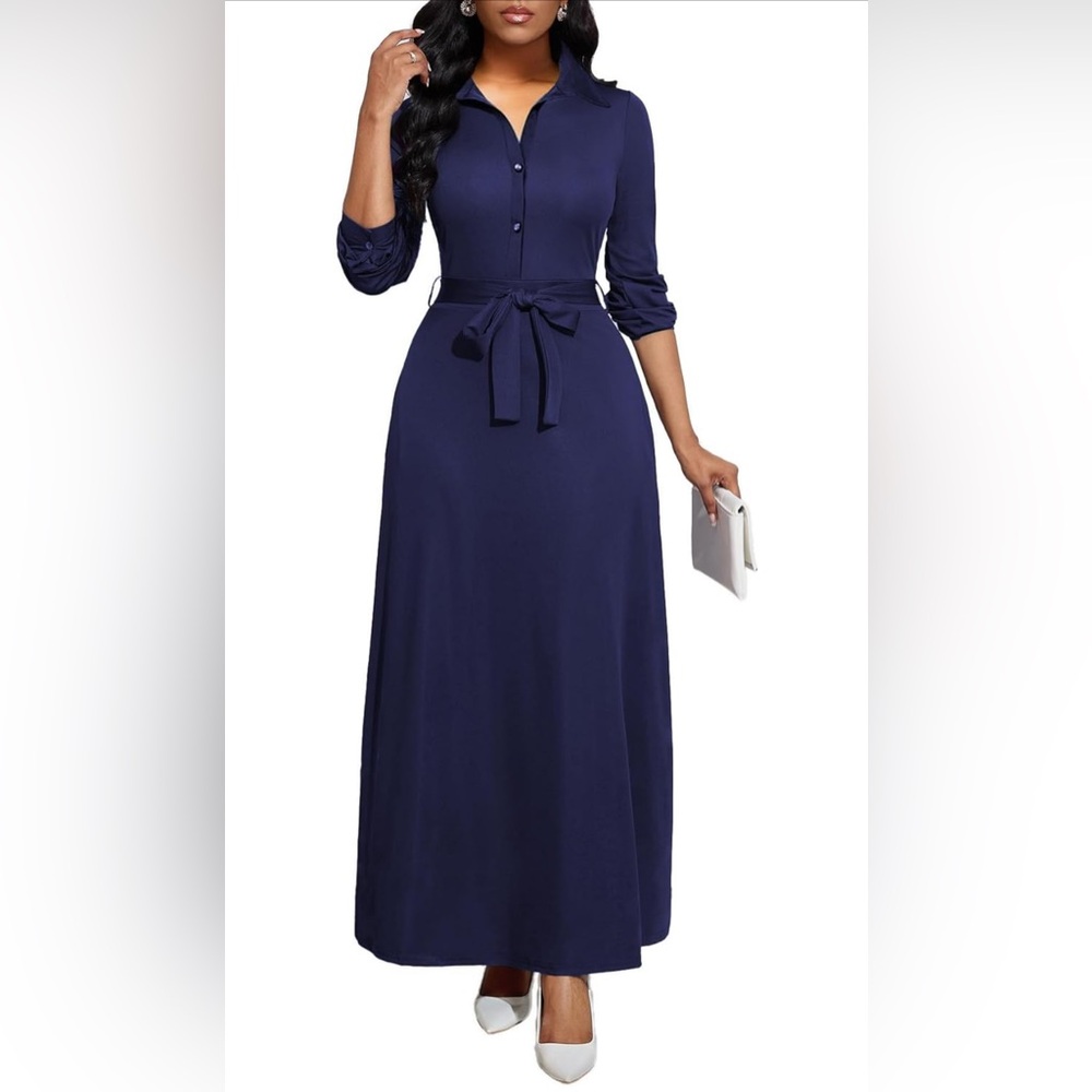 NEW Blue Collared 3/4 Sleeve Button Down Maxi Dress Belted XL